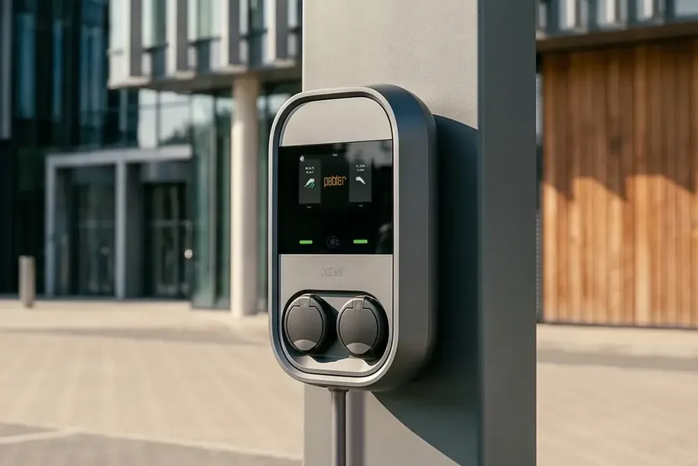 Peblar Dual laadpaal op een paal bij een kantoorgebouw, met touchscreen en twee sockets